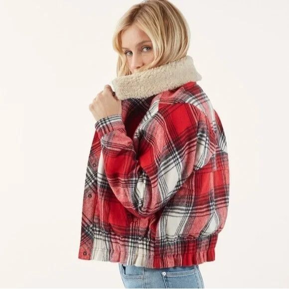 Splendid Bomber Jacket Red Plaid Flannel Fleece-Lined Collar Snap Button Elastic - Picture 2 of 10